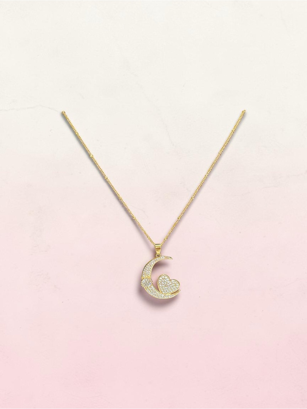 14k Gold Plated  Moon and Heart Pendant Necklace